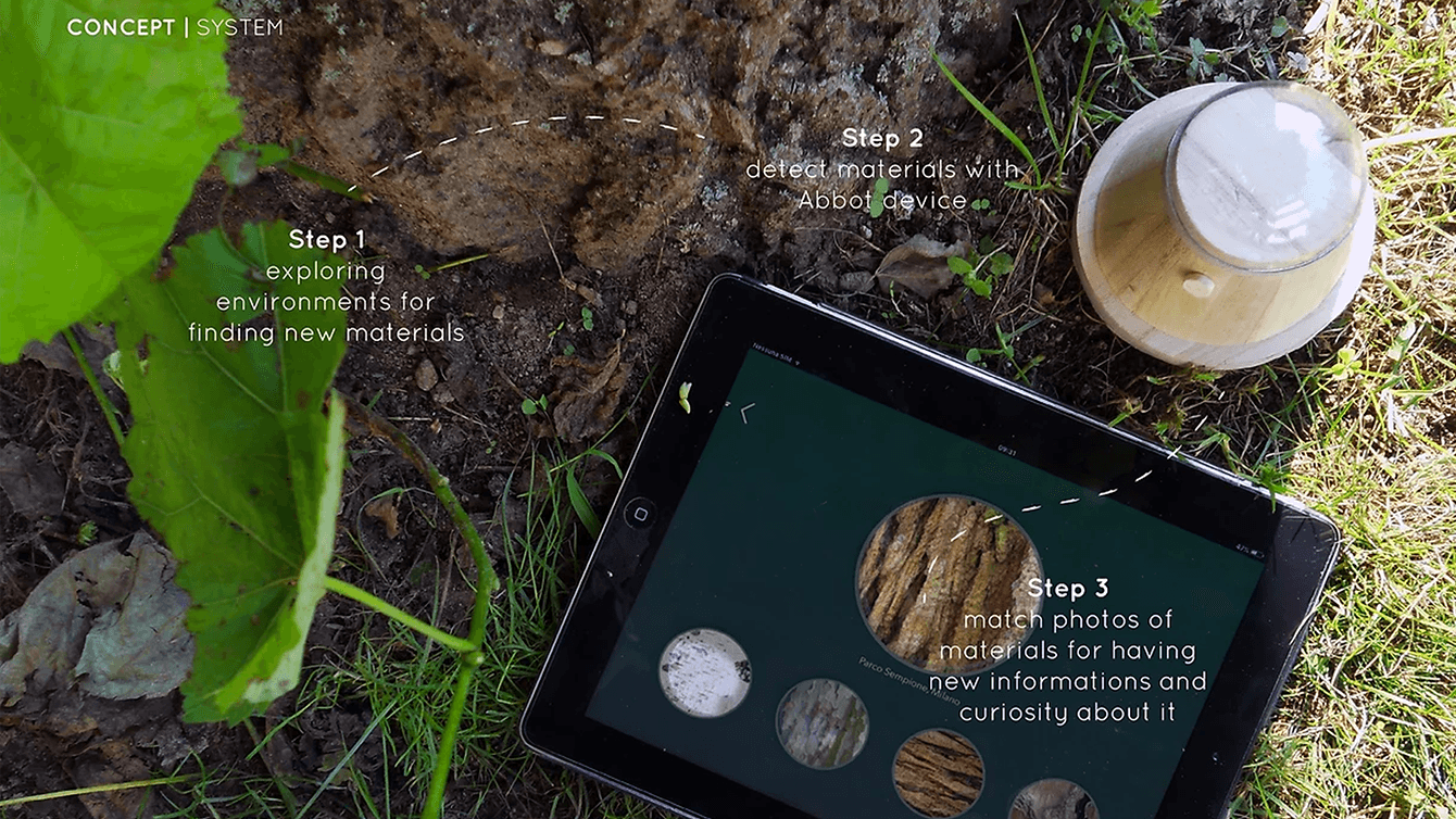 Tablet showing ABBOT's interface, the device, and the three steps necessary to play with it. First, exploring the environment; second, detect materials with abbot; third register them in the app to learn more